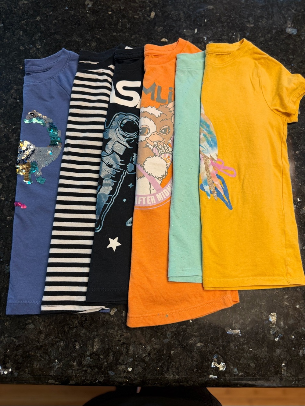 6- Kids Mixed Graphic Tee Pack - Yellow, Orange, Black, Blue, Mint, Navy